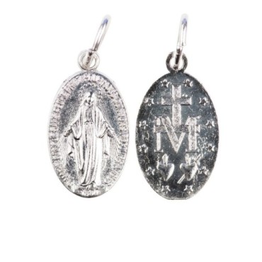 Medaille alliage metal/aluminium couleur argentee de la Vierge Miraculeuse inscription en Francais, plusieurs tailles.