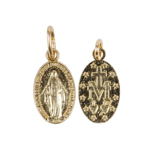 Medaille alliage metal/aluminium couleur doree de la Vierge Miraculeuse inscription en Francais, plusieurs tailles.