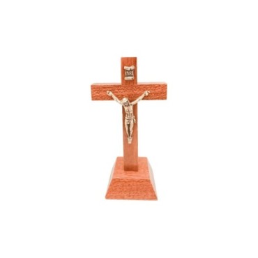 Crucifix bois marron vernis avec Christ metal bronze- sur socle.