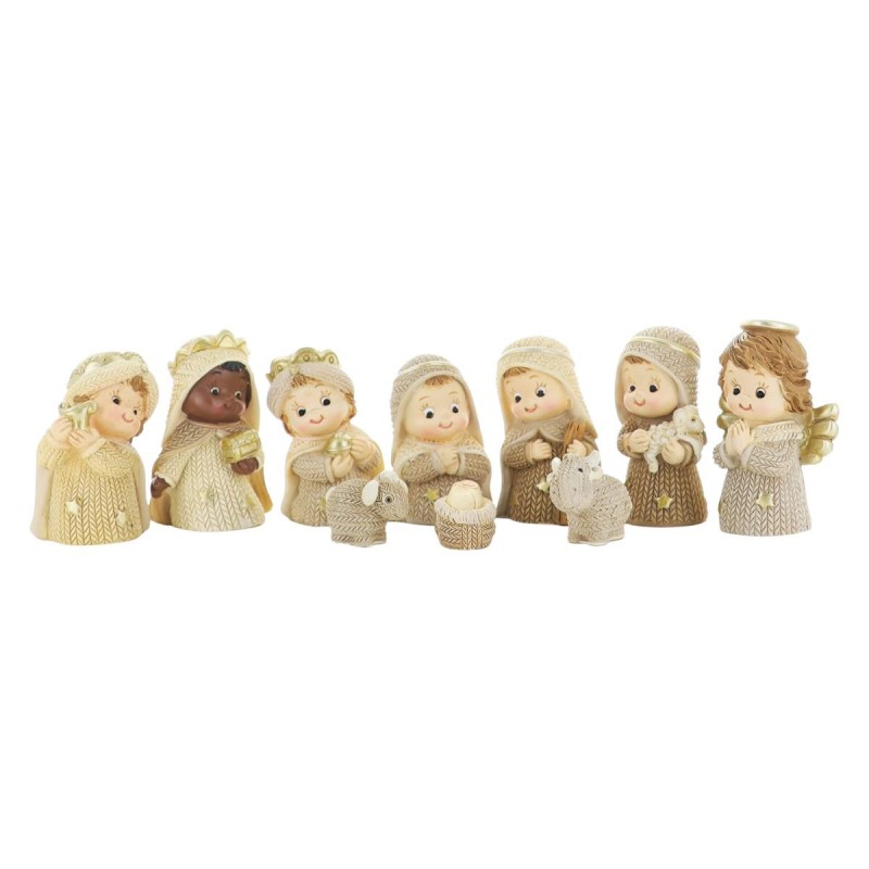 Creche enfantine de couleur beige avec 10 personnages H 5.8 cm