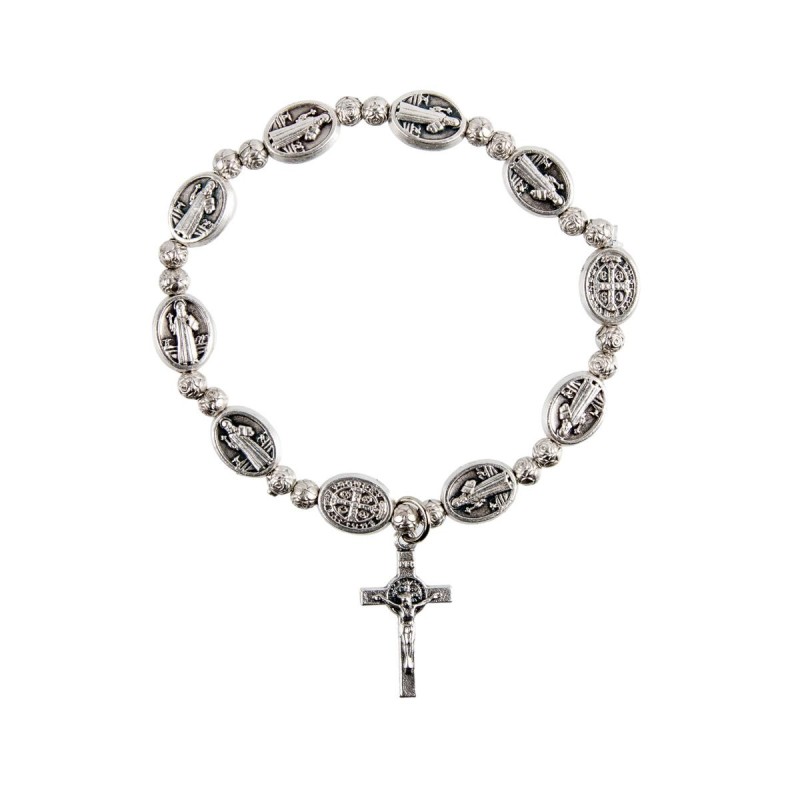 Bracelet dizainier couleur argentée, médaille de saint Benoit Ø 7 mm, avec croix.