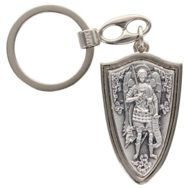 Porte-clés de Saint Michel en forme de bouclier- avec une croix au revers- Hauteur - 4-5 cm- Disponible en deux couleurs-