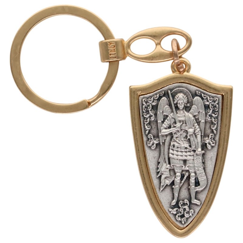 Porte-clés de Saint Michel en forme de bouclier- avec une croix au revers- Hauteur - 4-5 cm- Disponible en deux couleurs-