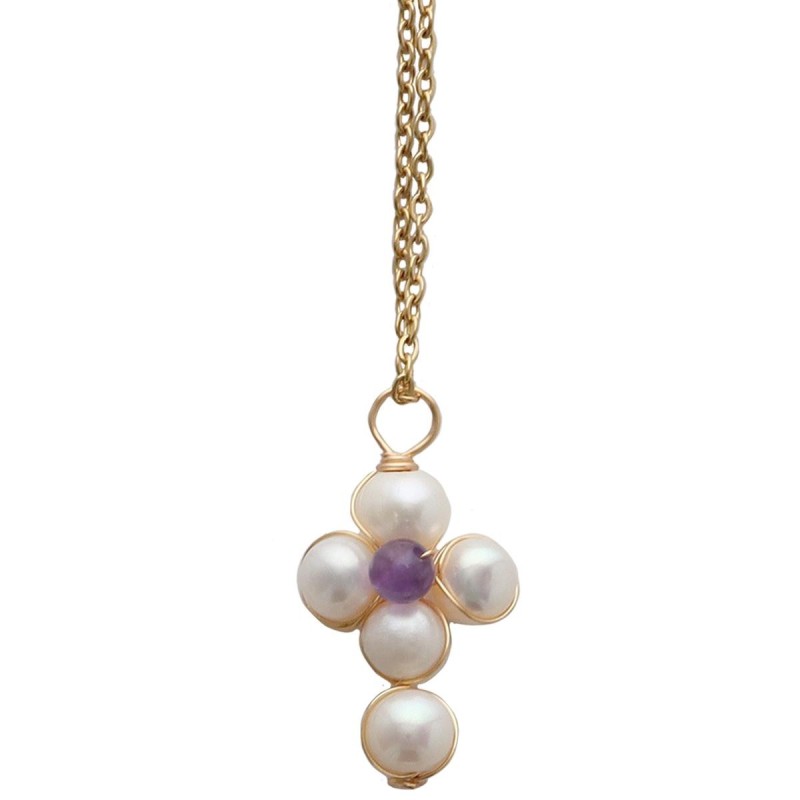 Collier avec chaine de couleur dorée en acier inoxydable L 45 cm, avec croix blanche H. 2 cm, différentes pierre au centre.