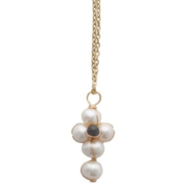 Collier avec chaine de couleur dorée en acier inoxydable L 45 cm, avec croix blanche H. 2 cm, différentes pierre au centre.