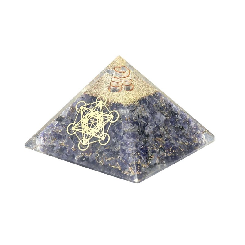 Pyramide Orgonite avec symbole metatron, L. 6 cm. Plusieurs pierres.