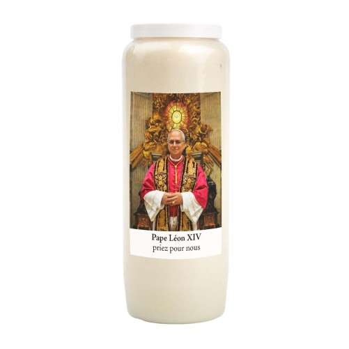 Bougie de neuvaine durée 9 jours 100% végétal avec autocollant et prière, H. 18 cm Ø 6,5 cm. Pape Léon XIV avec l'Esprit Saint