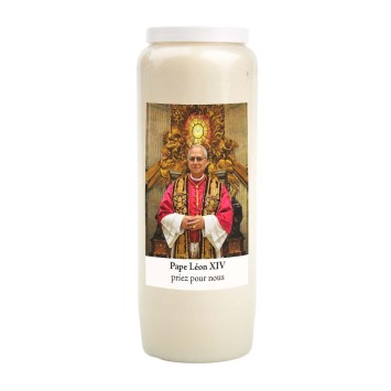Bougie de neuvaine durée 9 jours 100% végétal avec autocollant et prière, H. 18 cm Ø 6,5 cm. Pape Léon XIV avec l'Esprit Saint