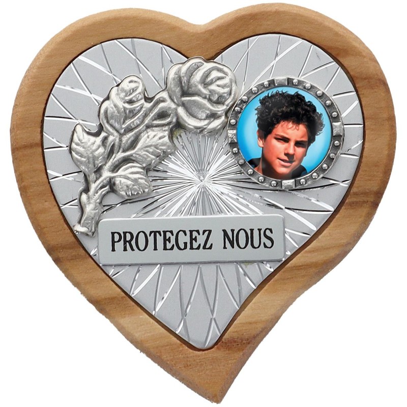 Plaque auto en bois d’olivier forme coeur avec rose- H 4 x 4 cm- Différents Saints-