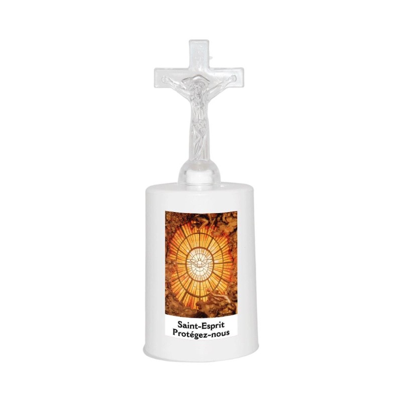 Lumignon blanc a piles H. 13,5 cm avec croix, plusieurs saints
