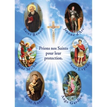 Autocollant Transparent classique de saint avec prière H. 10.5 x 6.5 cm pour bougie de neuvaine.