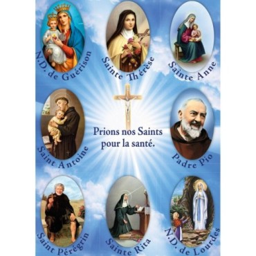 Autocollant Transparent classique de saint avec prière H. 10.5 x 6.5 cm pour bougie de neuvaine.