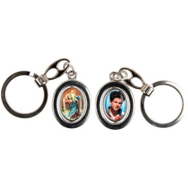 Porte-clés H. 3 cm pivotant couleur argentée double résine, plusieurs saints.