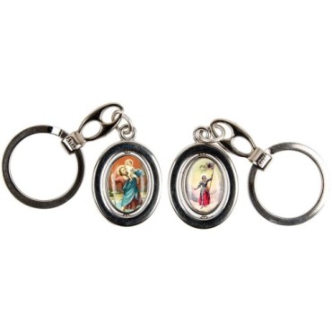 Porte-clés H. 3 cm pivotant couleur argentée double résine, plusieurs saints.