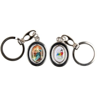 Porte-clés H. 3 cm pivotant couleur argentée double résine, plusieurs saints.