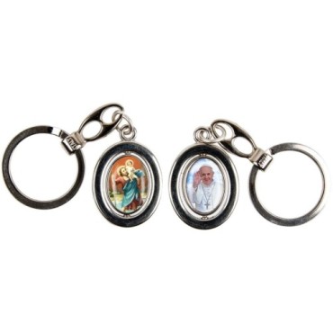 Porte-clés H. 3 cm pivotant couleur argentée double résine, plusieurs saints.
