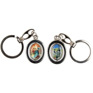 Porte-clés H. 3 cm pivotant couleur argentée double résine, plusieurs saints.