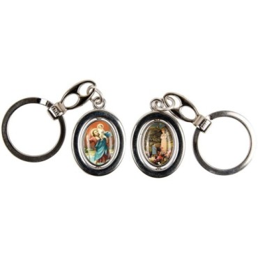 Porte-clés H. 3 cm pivotant couleur argentée double résine, plusieurs saints.