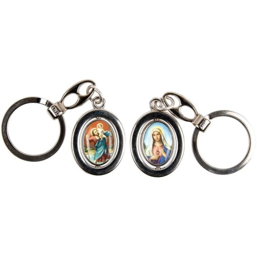 Porte-clés H. 3 cm pivotant couleur argentée double résine, plusieurs saints.