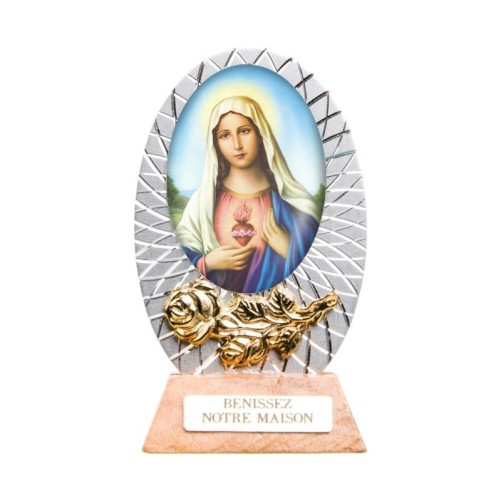 Petit chevalet alu strié sur socle bois à poser H. 5,5 cm avec résine, plusieurs saints.