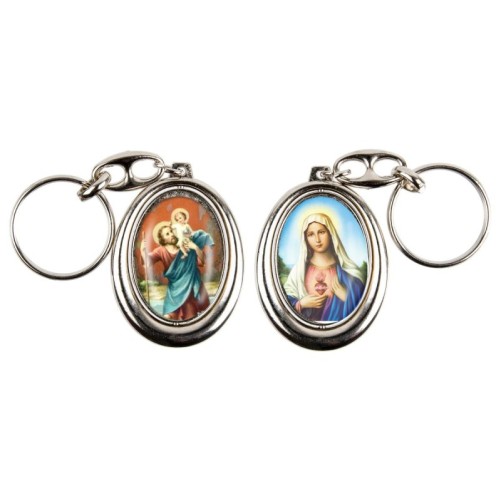Porte-clés H. 4,5 cm pivotant en métal couleur argentée double résine, plusieurs saints.