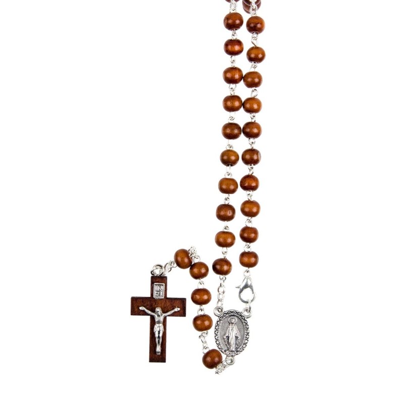 Chapelet grains en bois, Ø 7 mm, chaine couleur argentee avec fermoir, longueur au cœur 28 cm, croix avec Christ.