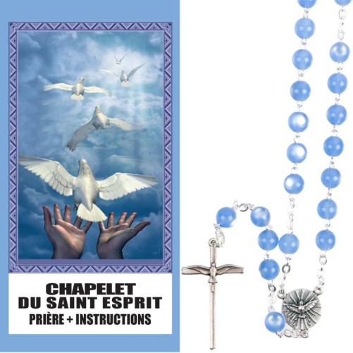 Chapelet de dévotion du Saint-Esprit grains saturne avec notice explicative, livre en sachet individuel.
