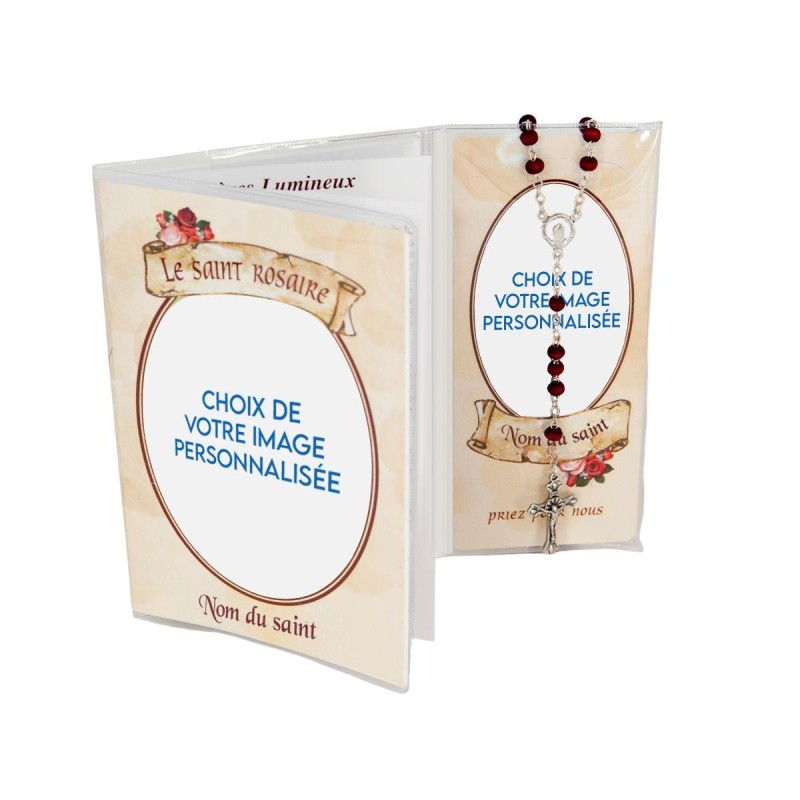 Ensemble livret du saint rosaire avec prière, chapelet parfumé à la rose Ø 4 mm, longueur au cœur 24 cm.