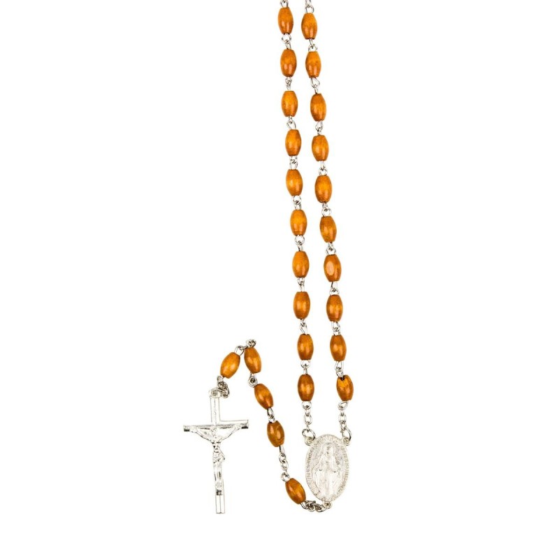 Chapelet grains en bois, Ø 6 mm, chaine couleur argentee, longueur au cœur 36 cm, croix avec Christ.