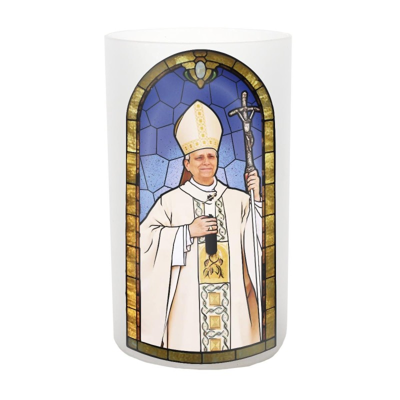 Photophore led en verre avec image des saints. diam. 7 cm H. 12 cm (fourni sans piles 3 x AAA)