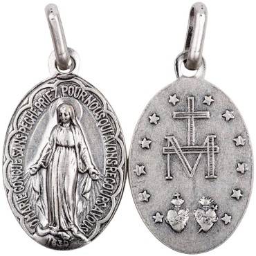 Médaille métal vieil argent H. 1.9 cm de la Vierge Miraculeuse inscription en Français.
