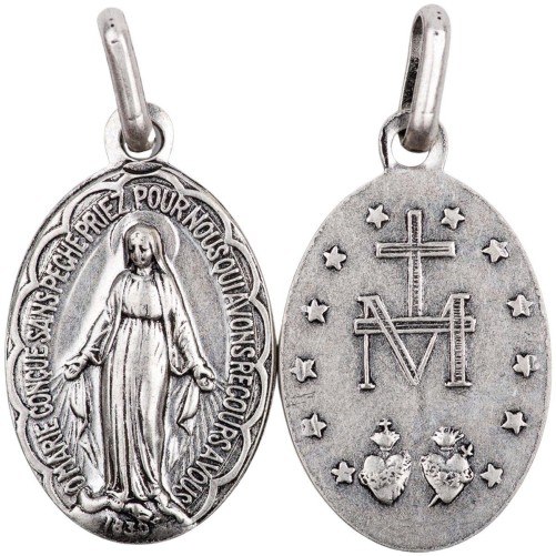 Médaille métal vieil argent H. 1.9 cm de la Vierge Miraculeuse inscription en Français.