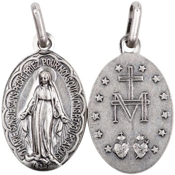 Médaille métal vieil argent H. 1.9 cm de la Vierge Miraculeuse inscription en Français..