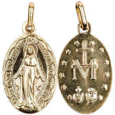 Médaille métal couleur dorée H. 1.9 cm de la Vierge Miraculeuse inscription en Français.
