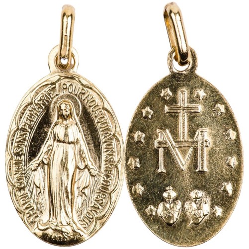 Médaille métal couleur dorée H. 1.9 cm de la Vierge Miraculeuse inscription en Français.