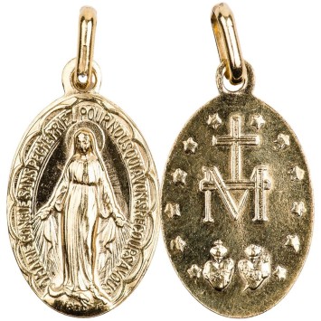 Médaille métal couleur dorée H. 1.9 cm de la Vierge Miraculeuse inscription en Français.