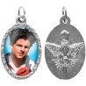 Médaille ovale métal argenté, rebord torsadé, résine. H : 2,5 cm. Différents Saints disponibles.