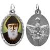 Médaille ovale métal argenté, rebord torsadé, résine. H : 2,5 cm. Différents Saints disponibles.