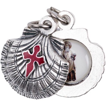 Médaille métal couleur argentée forme coquille Ø 1,9 cm au verso résine de saint Jacques.