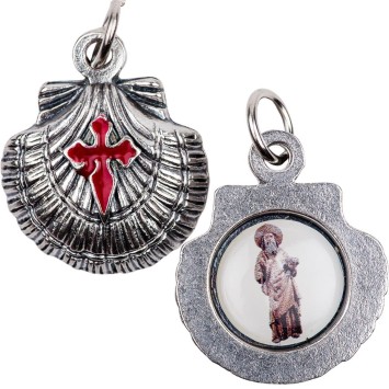 Médaille métal couleur argentée forme coquille Ø 1,9 cm au verso résine de saint Jacques.