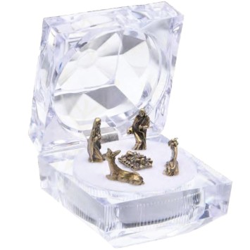 Mini crèche en métal style antique dans boite acrylique transparente effet diamant 4,8 cm..