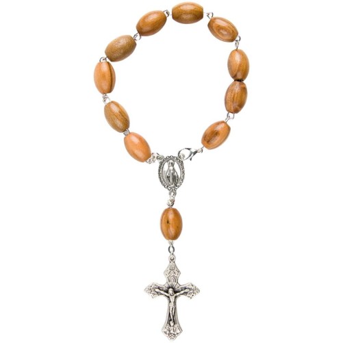 Dizainier sur chaine en bois d'olivier ovale Ø 10 cm, fermoir, croix en métal avec Christ..