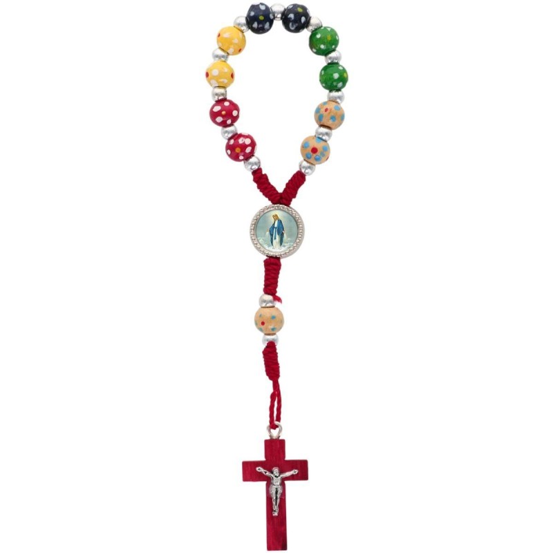 Dizainier des missions sur corde grains bois Ø 6 mm avec résine de la V. Miraculeuse et croix en bois avec Christ..