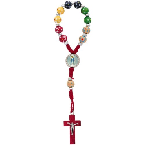 Dizainier des missions sur corde grains bois Ø 6 mm avec résine de la V. Miraculeuse et croix en bois avec Christ..