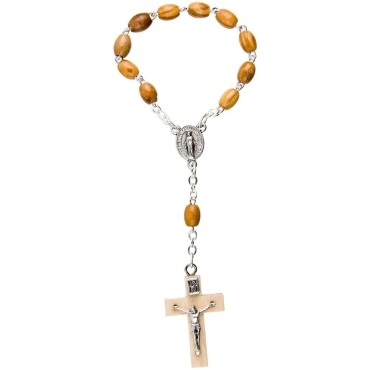Dizainier sur chaine en bois d'olivier ovale Ø 7 mm, croix bois avec Christ..