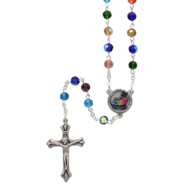 Chapelet grains verre multicolores du Jubilé de l’Espérance à facettes Ø 6 mm sur chaîne, croix avec Christ