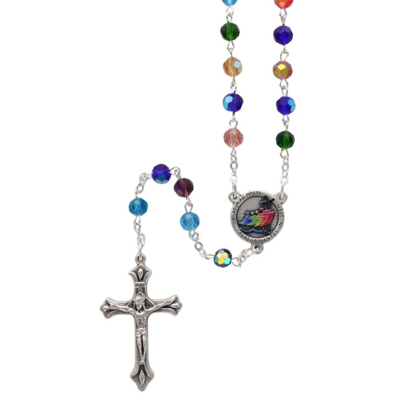 Chapelet grains verre multicolores du Jubilé de l’Espérance à facettes Ø 6 mm sur chaîne, croix avec Christ