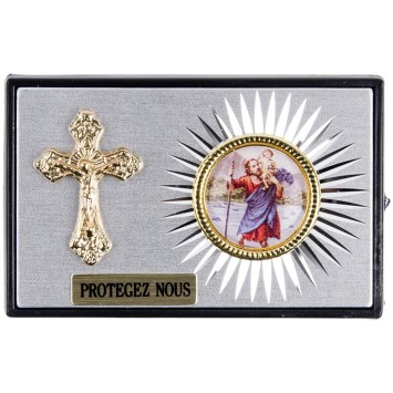 Plaque auto plastique forme rectangle dessus en alu H. 4 x 6 cm avec croix et résine de saint Christophe..