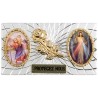 Plaque auto forme rectangle en alu striée H. 3 x 5,5 cm avec rose plus 2 résines, plusieurs saints.