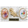 Plaque auto forme rectangle en alu striée H. 3 x 5,5 cm avec rose plus 2 résines, plusieurs saints.
